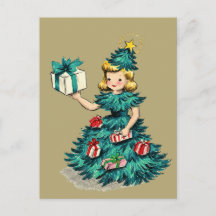 Süßes Retro-Vintage-Weihnachtsbaum-Mädchen 