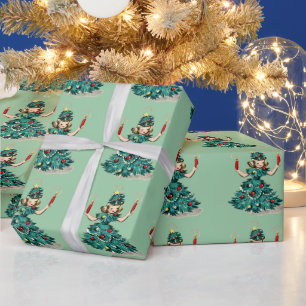 Süßes Retro-Vintage-Weihnachtsbaum-Mädchen Geschenkpapier