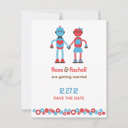 Süßes Robot-Thema Hochzeit Save the Date (Vorderseite)