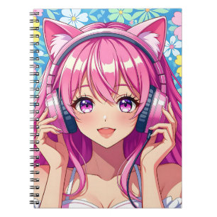 Süßes rosa Anime-Mädchen mit Kopfhörern Notizblock