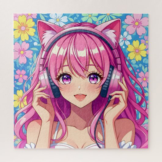 Süßes rosa Anime-Mädchen mit Kopfhörern Puzzle (Vertikal)