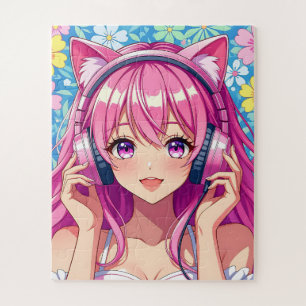 Süßes rosa Anime-Mädchen mit Kopfhörern Puzzle
