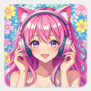 Süßes rosa Anime-Mädchen mit Kopfhörern Quadratischer Aufkleber