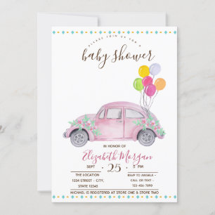 Süßes Rosa Auto, Ballons Zickzack Babyparty Einladung
