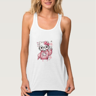 Süßes rosa Cartoon-Katzen-Brillen-T-Shirt Tank Top