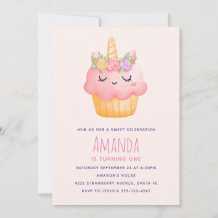 Süßes rosa Cupcake-Einhorn mit Rosen zum Geburtsta Einladung