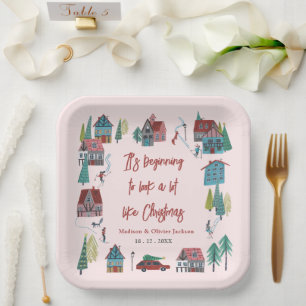 Süßes Rosa Dorf Weihnachtsfeier Pappteller