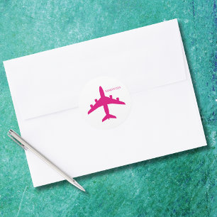Süßes rosa Flugzeug Mädchen Pilotin Personalisiert Runder Aufkleber