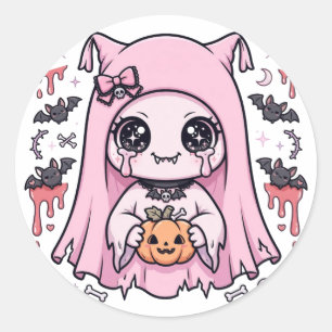 Süßes rosa Gespenstermädchen Kawaii Halloween-Kürb Runder Aufkleber