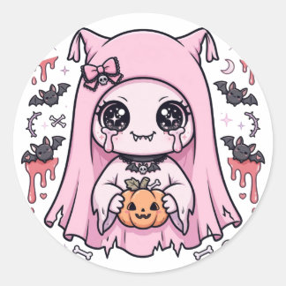 Süßes rosa Gespenstermädchen Kawaii Halloween-Kürb Runder Aufkleber