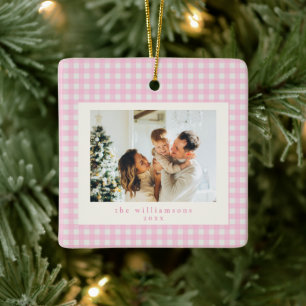 Süßes rosa Gingham-Karo-Foto-Weihnachten Keramikornament