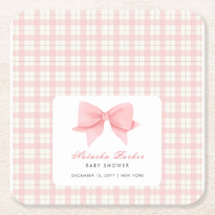 Süßes Rosa Gingham Karo Schleife Mädchen Baby Show Rechteckiger Pappuntersetzer