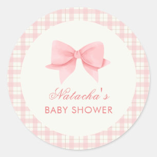 Süßes Rosa Gingham Karo Schleife Mädchen Baby Show Runder Aufkleber