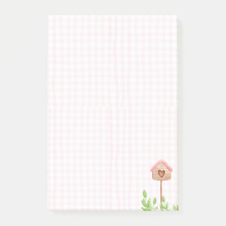 Süßes rosa Gingham-Vogelfreund-Herz Cottagecore  Post-it Klebezettel