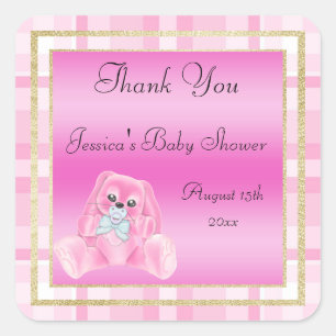Süßes rosa Häschen Danke Baby Shower Quadratischer Aufkleber