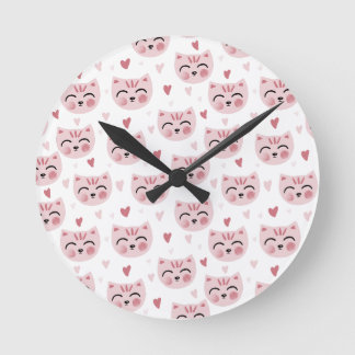 Süßes Rosa Kätzchen und Herzen Muster für Kinder Runde Wanduhr