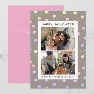 Süßes rosa Kürbismuster Familie 2 Foto Halloween Feiertagskarte
