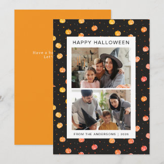 Süßes rosa Kürbismuster Familie 2 Foto Halloween Feiertagskarte