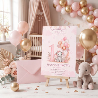 Süßes rosa Mädchen-Elefant 1. florale Geburtstagsf Einladung