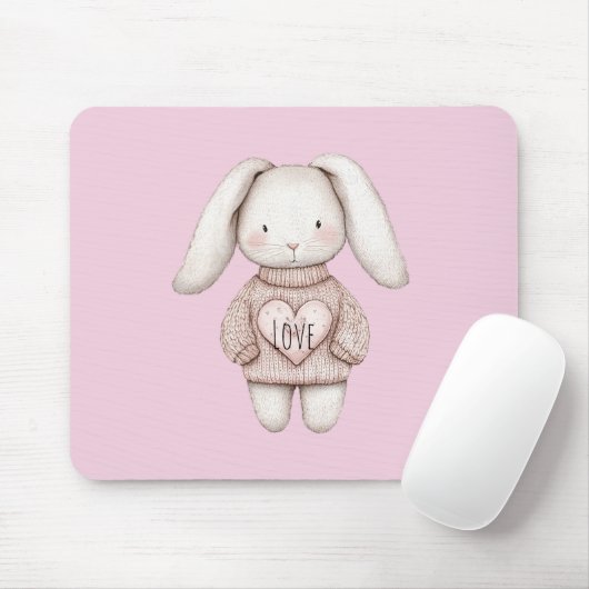Süßes rosa niedliches Kaninchen rosa Pullover Herz Mousepad (Mit Mouse)