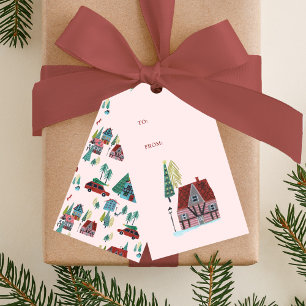 Süßes Rosa Nordic-Skiing-Dorf Weihnachtsfeier Geschenkanhänger