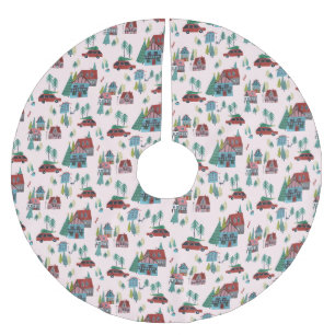 Süßes rosa nordisches Eislauf-Dorf Weihnachtsmuste Polyester Weihnachtsbaumdecke