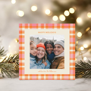 Süßes rosa-orangefarbenes Retro-Kariert-Weihnachts Feiertagskarte