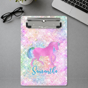Süßes rosa Regenbogen-Einhorn Glitter-Monogramm Mini Klemmbrett