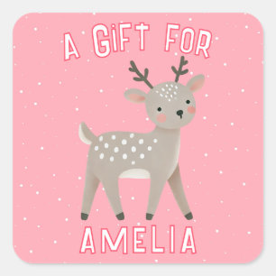 Süßes Rosa Rentier Kindername Weihnachtsgeschenk Quadratischer Aufkleber