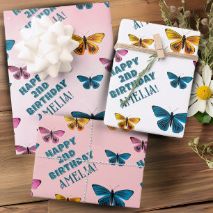 Süßes Rosa Schmetterlingsmuster Mädchen Geburtstag Geschenkpapier Set