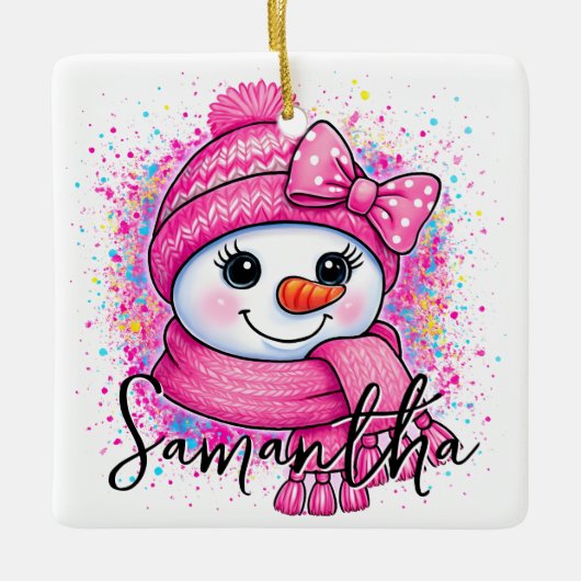 Süßes rosa Schneemädchen-Foto Keramikornament (Vorderseite)
