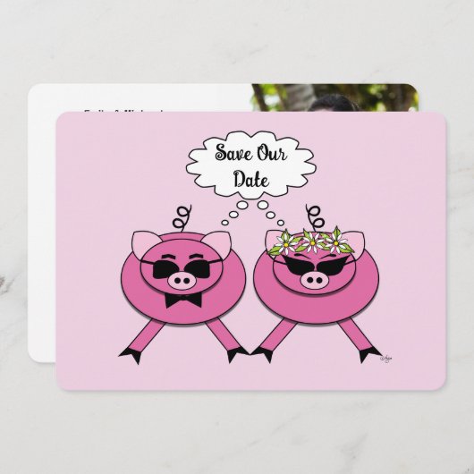 Süßes rosa Schweinepärchen Save the Date | Rücksei Einladung (Vorne/Hinten)