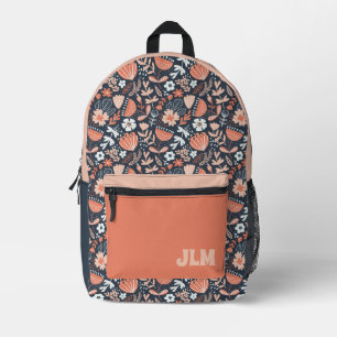 Süßes rosa und marineblaues Blumenmuster-Monogramm Bedruckter Rucksack