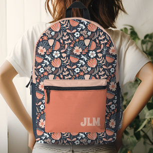 Süßes rosa und marineblaues Blumenmuster-Monogramm Bedruckter Rucksack
