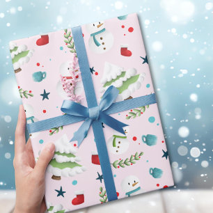 Süßes rosa Weihnachts-Schneemann-Muster  Geschenkpapier