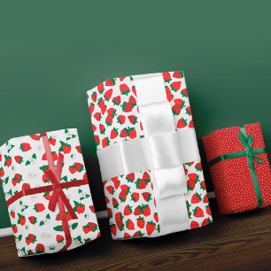 Süßes Rot-Erdbeer- und Weißblumenmuster Geschenkpapier Set