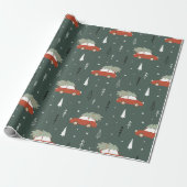 Süßes rotes Auto Weihnachtsbaum Winter Muster Geschenkpapier (Ungerollt)