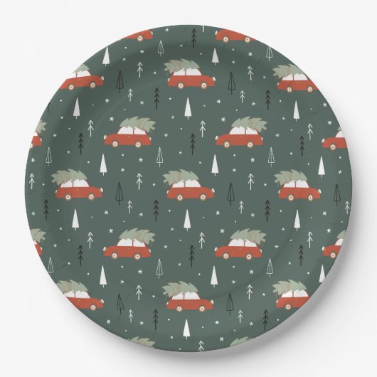 Süßes rotes Auto Weihnachtsbaum Winter Muster Pappteller (Vorderseite)