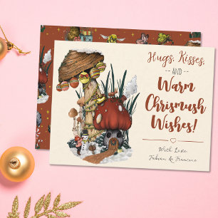 Süßes rotes Pilzhaus Frohe Weihnachtskarte Feiertagskarte