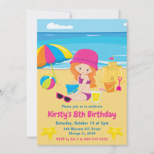 Süßes rothaariges Mädchen Sommer Strand Geburtstag Einladung
