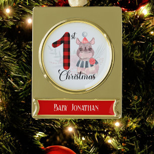 Süßes saisonales Rhino-Baby-Jungen-1.-Weihnachten- Banner-Ornament Gold