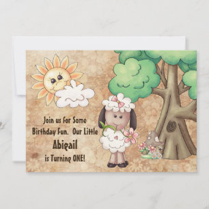 Süßes Schaf Mädchen und Blumen zum 1. Geburtstag e Einladung