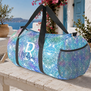 Süßes, schillerndes Einhorn blau rosa Glitter Mono Duffle Bag