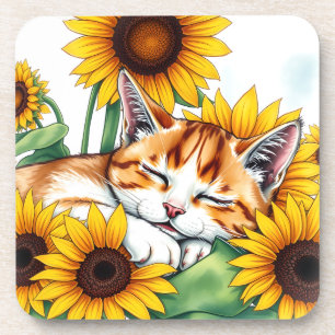 Süßes schlafendes Kätzchen und Sonnenblumen Getränkeuntersetzer