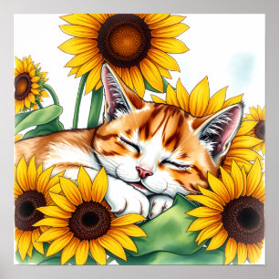 Süßes schlafendes Kätzchen und Sonnenblumen Poster