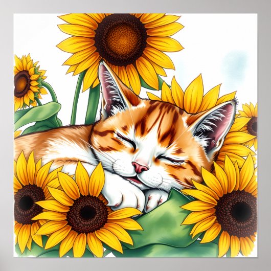 Süßes schlafendes Kätzchen und Sonnenblumen Poster (Vorne)
