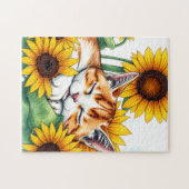 Süßes schlafendes Kätzchen und Sonnenblumen Puzzle (Horizontal)