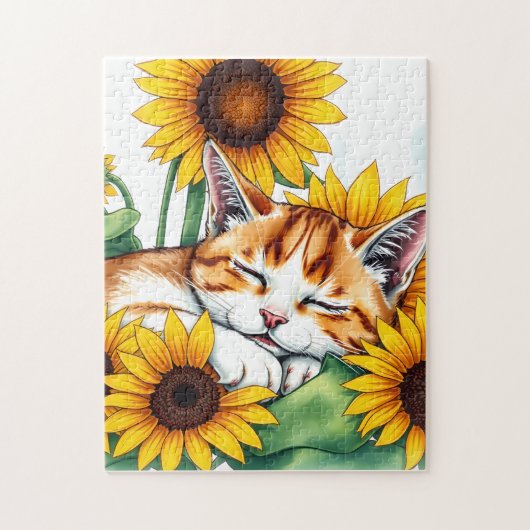 Süßes schlafendes Kätzchen und Sonnenblumen Puzzle (Vertikal)