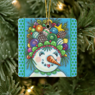 SÜßES SCHNEEMÄDCHEN MIT WEIHNACHTSPARTYHUT, FARBEN KERAMIKORNAMENT