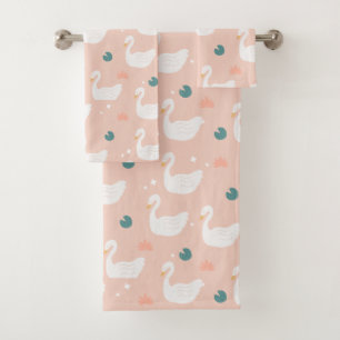 Süßes Schwan-Muster-Pastellrosa Badhandtuch Set